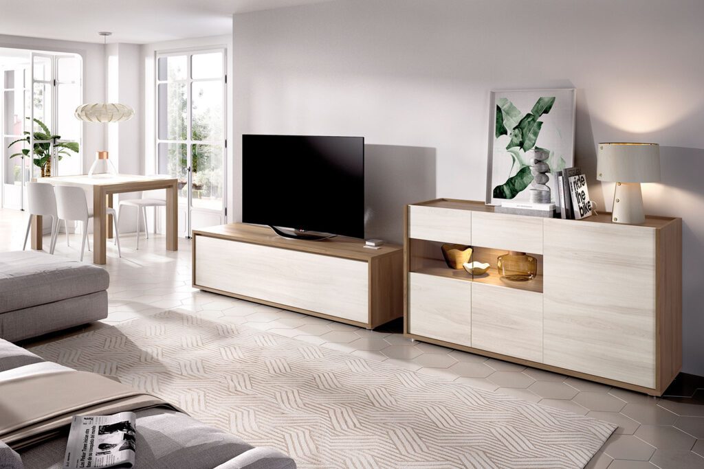 mueble tv blanco y madera