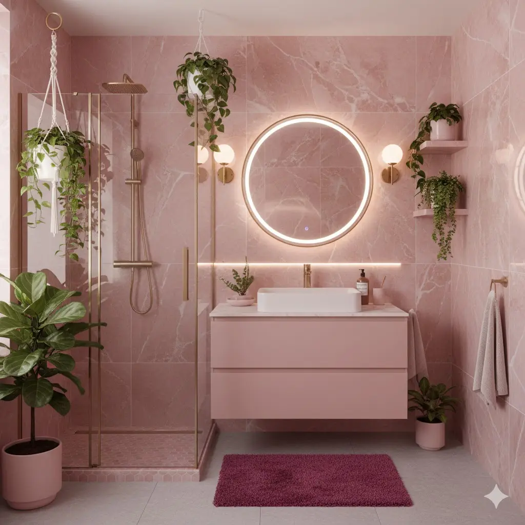 decoración de un baño con plantas artificiales
