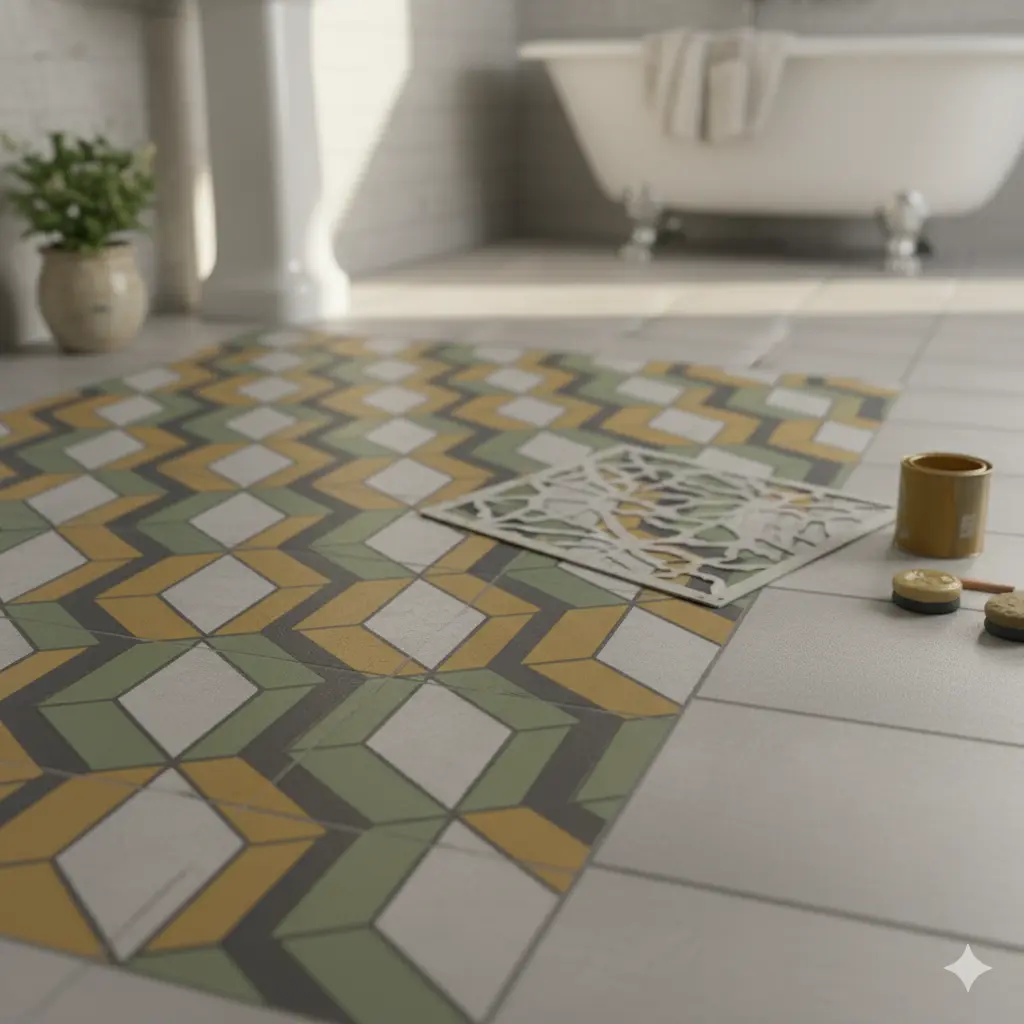 Suelo pintado con plantilla geométrica en pintura suelo baño