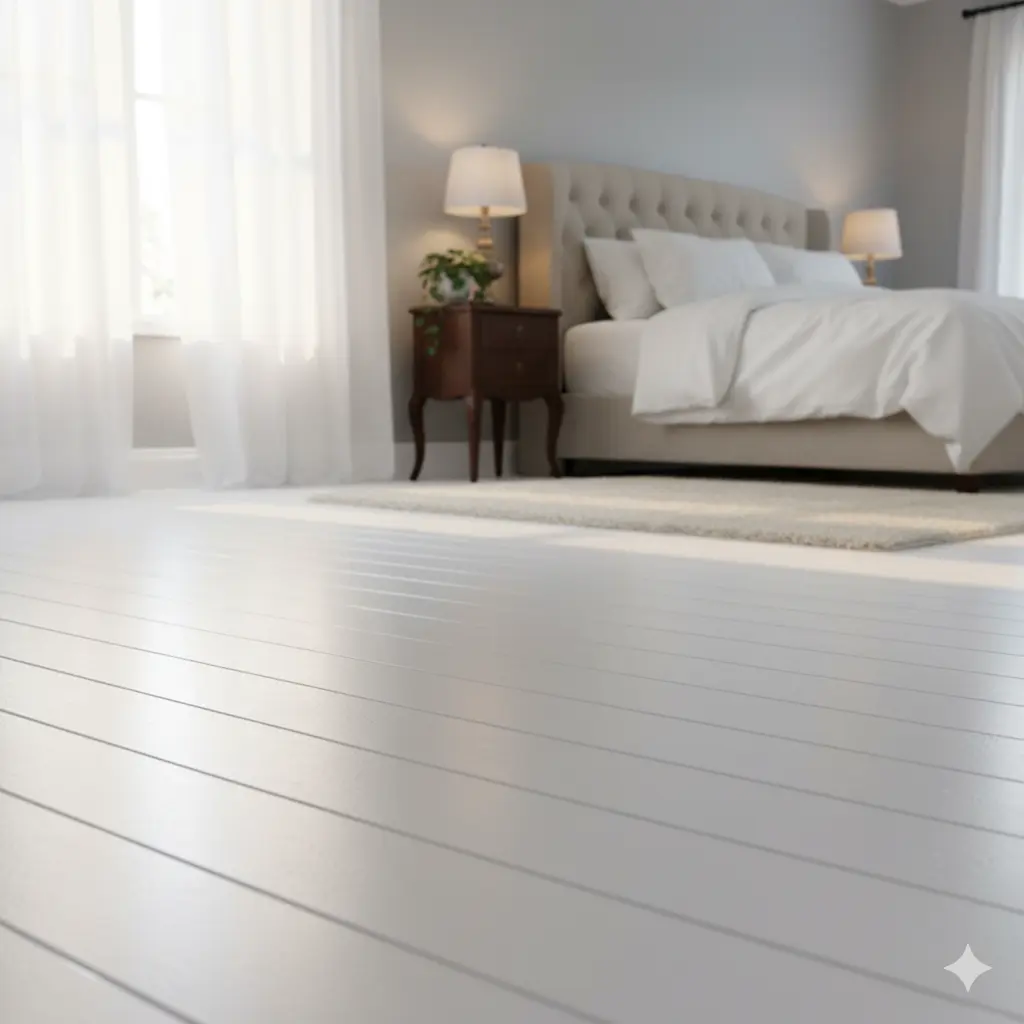 Suelo efecto madera pintado con pintura para madera blanco en dormitorio