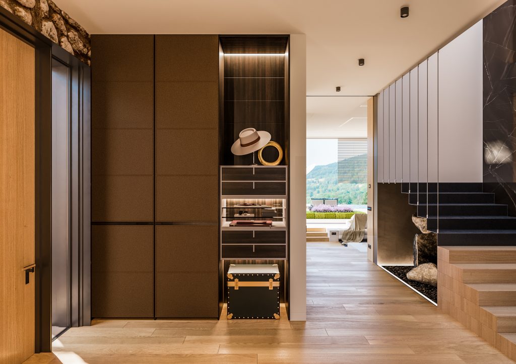 recibidores modernos con armarios y espejos