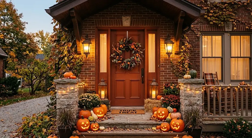 Cómo decorar tu casa en Halloween 1 Decoración de Halloween exterior en porche de entrada con faroles de luz cálida y coronas naturales