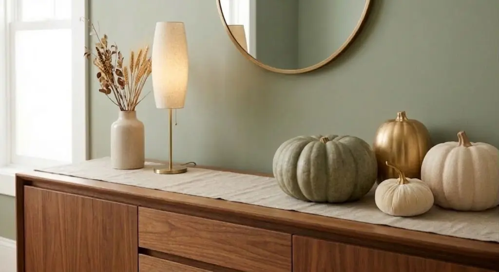 Cómo decorar tu casa en Halloween 3 Composición de 4 calabazas decorativas en tonos neutros y dorados sobre mueble aparador a medida