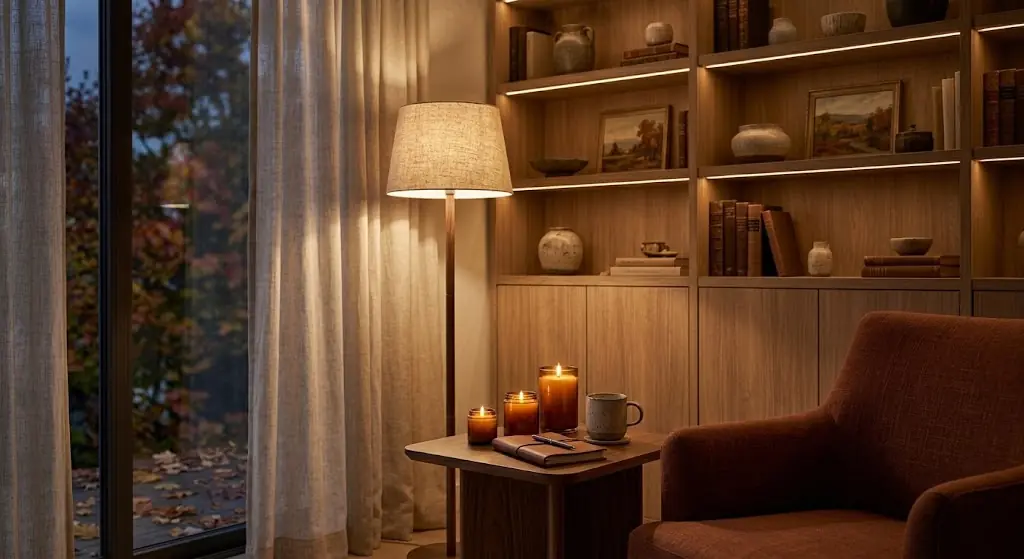 Decoración de otoño para tu casa 4 Iluminacion y decoración otonal acogedora en salon con lampra de pie de luz calida y estanteria con libros