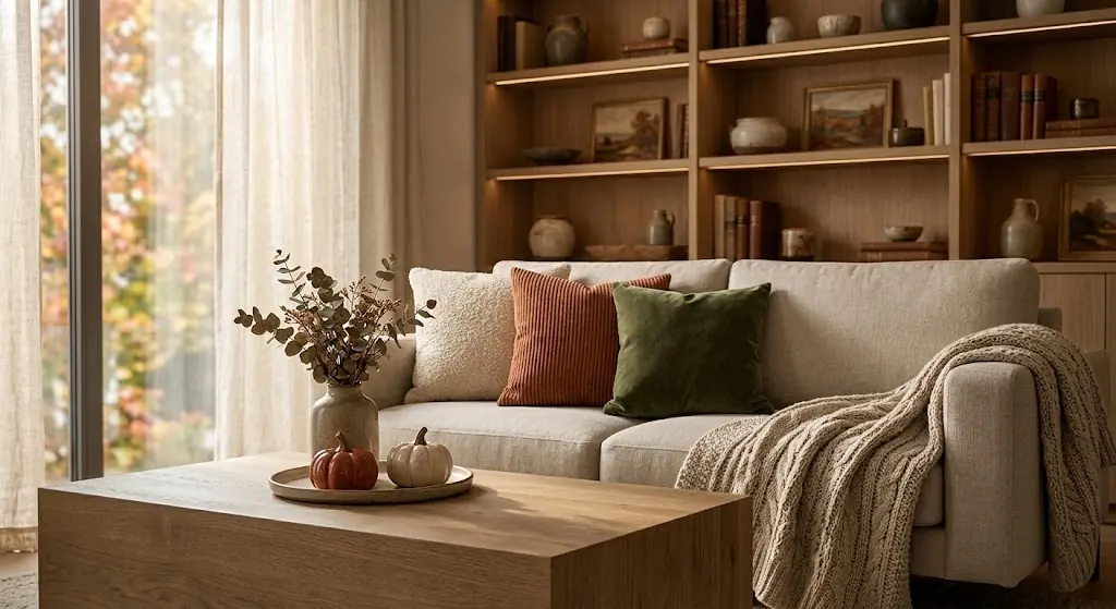 Decoración de otoño para tu casa 2 Salon decorado para otono con sofa neutro cojines terracota manta de punto y mesa auxiliar de madera