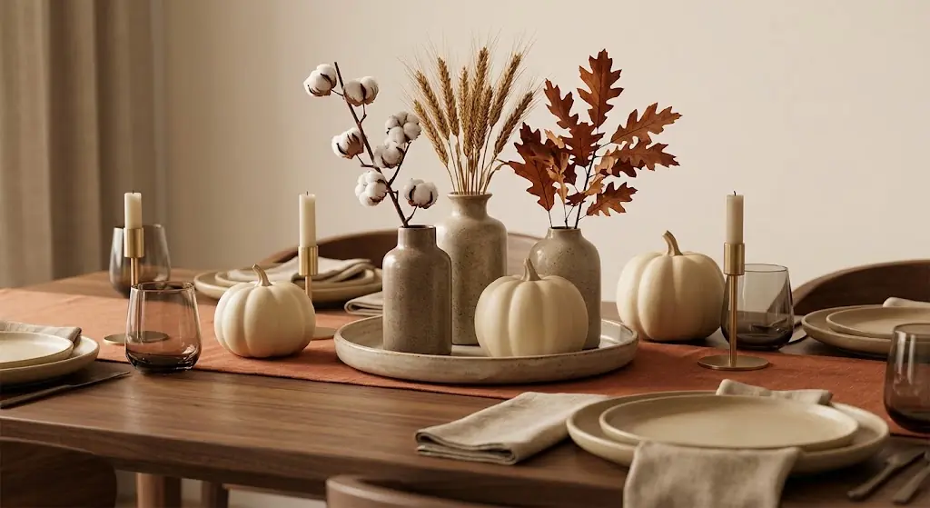 Decoración de otoño para tu casa 3 Decoracion de mesa otonal con centro de mesa de ceramica calabazas neutras y candelabros de laton